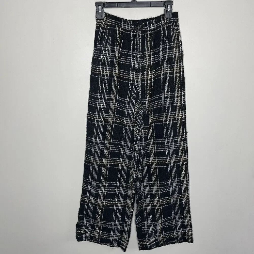 SLATE & WILLOW Pants Womens Small Black Tweed Wide Leg Trousers Plaid - Picture 2 of 15